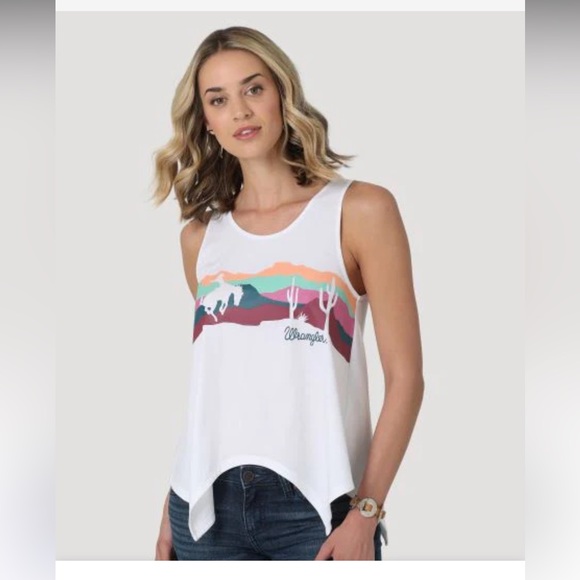 Wrangler Tops - Wrangler White Cowgirl Asymmetrical Graphic Tank Top